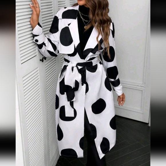 Women's Single-Breasted Geo Print Polka Dot Long Sleeve Open Front Trench Coat - Picture 1 of 5